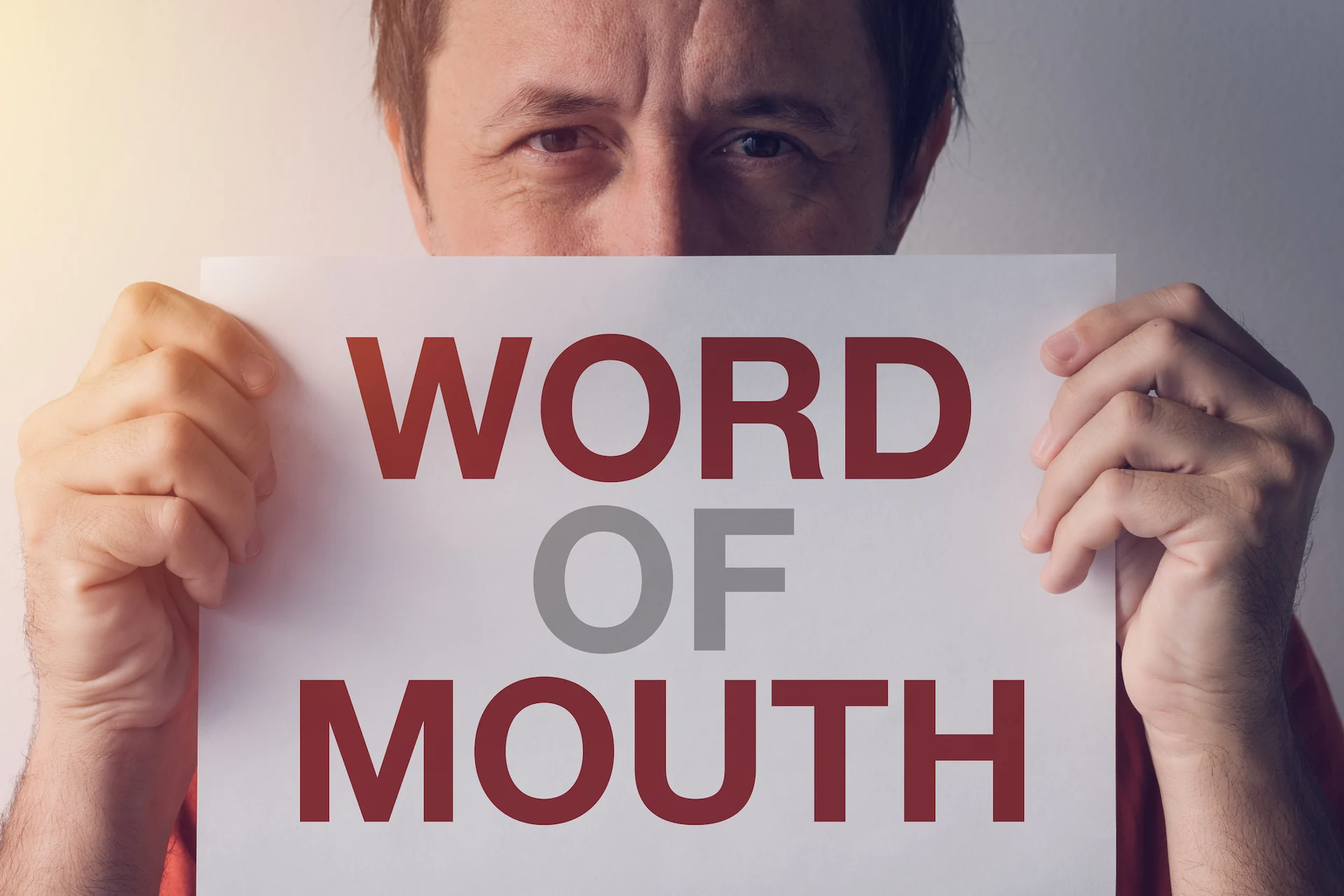 Close up on a person holding a sign that reads "Word Of Mouth" in front of their mouth. While word of mouth is important for a pool builder business, other marketing channels are necessary to generate leads.