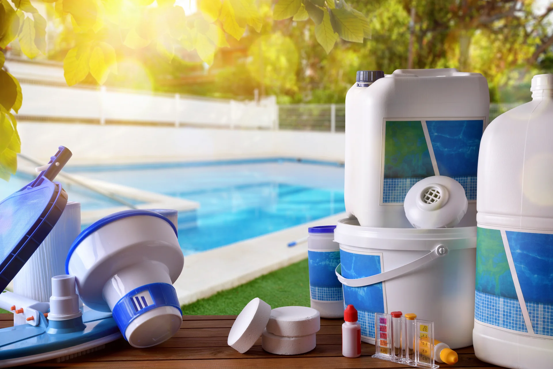 A variety of pool products, including chlorine tablets, liquid chemicals, and a leaf skimmer, are gathered on the deck of an inground pool.