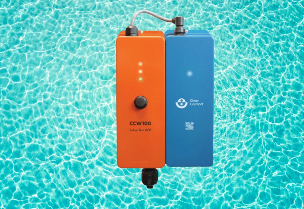 An AOP Sanitizing System from Clear Comfort over a pool water backdrop